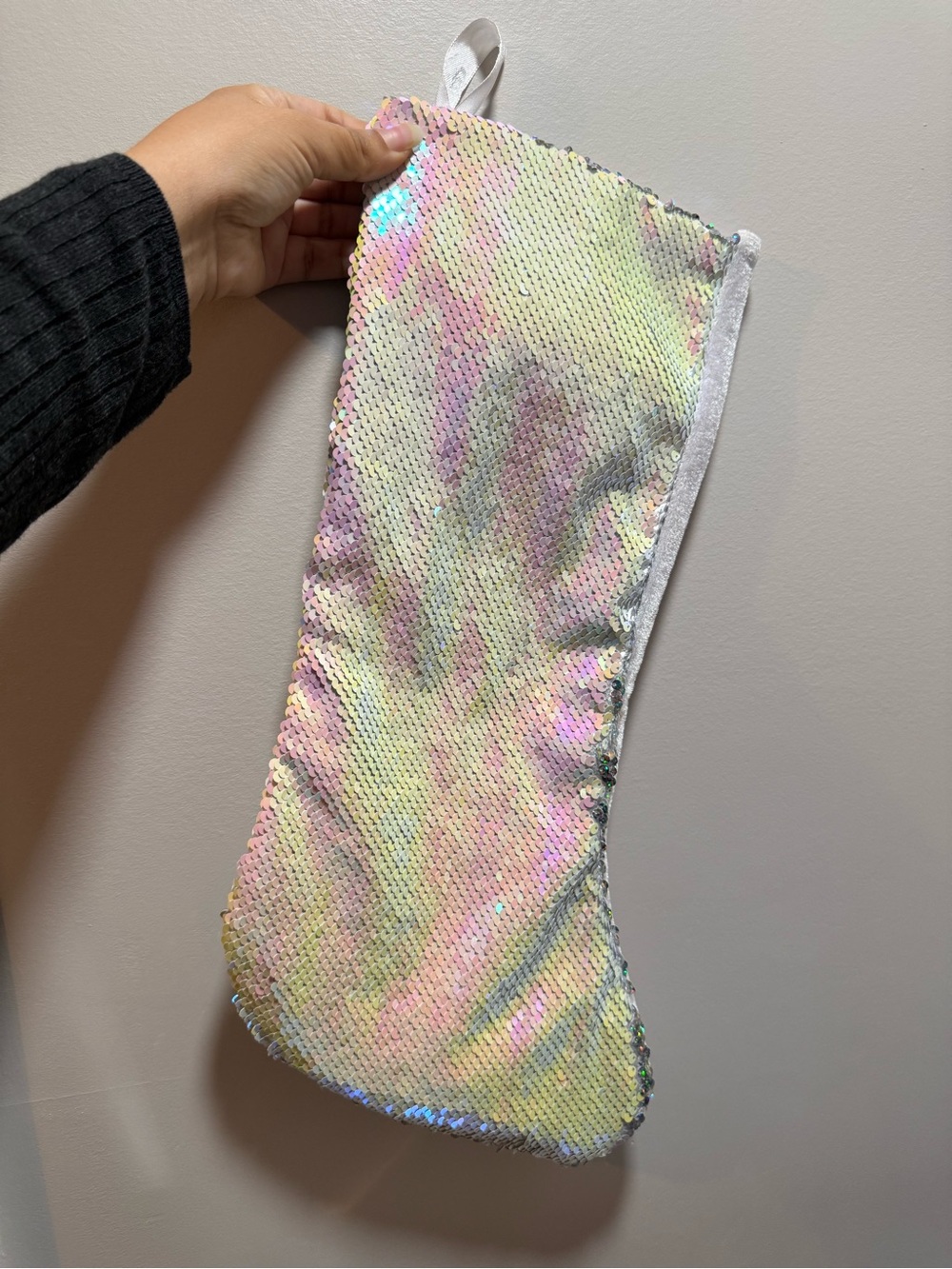 Iridescent Sequin Holiday Stocking + White Silver Stocking